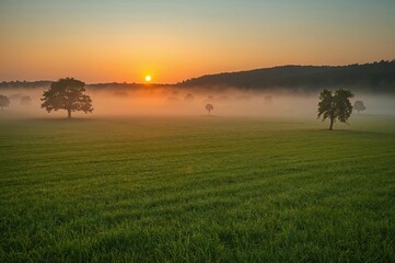 Lush grassy field shrouded in thick fog with solitary trees under a summer sky