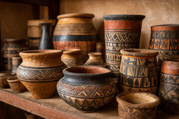 A collection of traditional Cape Verdean pottery, intricately painted with geometric designs and earthy tones, serving as decorative or functional items.