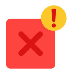 Obraz premium A flat vector icon of a red square with a cross, indicating an error or failure, with a yellow warning exclamation mark.