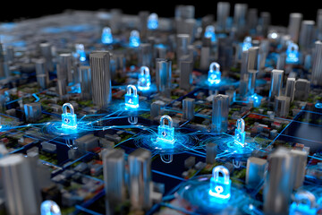 Public Space and Digital Twin Security Concept, Urban Landscape With Networked Technology, Smart City Infrastructure, Digital Security