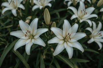 Obraz premium Stunning white lilies blossom fully surrounded by vibrant green foliage, with close-up views showcasing their fragile petals and vivid hues in a peaceful natural setting.