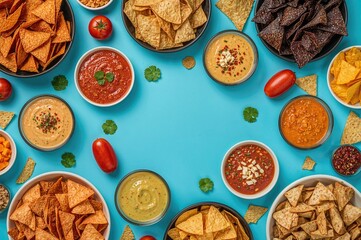 Variety of chips served with dip on a vibrant blue surface, overhead shot, party snacks setup