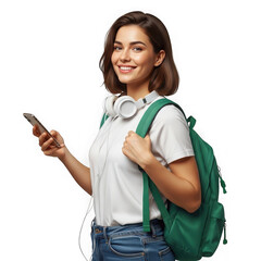 Young woman with brown hair smiling holding a smartphone and wearing a green backpack transparent background