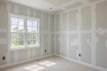 Fototapeta premium Completing drywall plastering in preparation for painting as part of new home construction