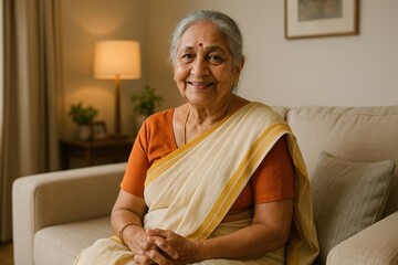 Elderly woman smiling indoors.