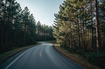 Fototapeta premium Paved trail stretching ahead, flanked by pine trees, ideal for biking and relaxation.