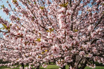 Springtime apricot flowers in full bloom on a tree branch