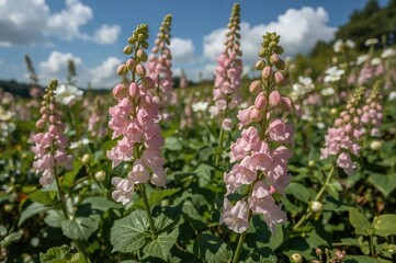 Pink blooms and buds of Antirrhinum majus