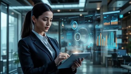 Businesswoman presenting data on tablet with holographic charts. - Powered by Adobe
