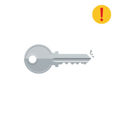 A silver key with a broken tip is displayed next to a yellow warning sign with a red exclamation point.
