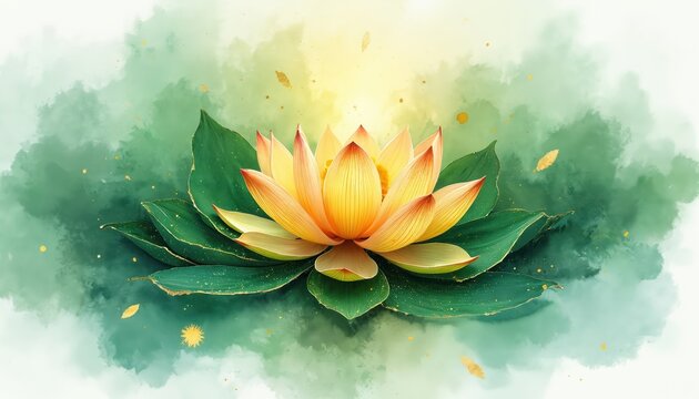 Watercolor painting of Heart Chakra Anahata lotus flower in green, golden hues. Delicate sparkles surround bloom representing emotional vibrations, spiritual energy. Ideal for meditation yoga
