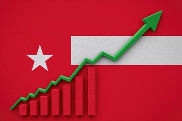 Economic downturn illustrated by rising cubes and falling financial indicators, featuring a national flag and USD symbol, symbolizing crisis and downgrade
