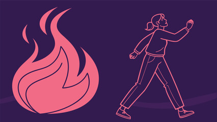 Woman walking past a stylized fire on purple background