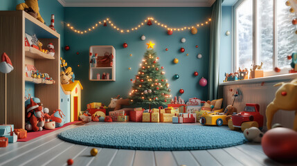 a kids&rsquo; playroom decorated for Christmas, colorful mini tree, fairy lights, playful ornaments