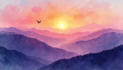 Obraz premium Watercolor illustration of majestic mountain range at sunset. Bird flies gracefully across vibrant sky painted in shades of orange, pink, purple. Soft mist, hazy layers create serene, peaceful
