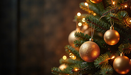 Obraz premium Christmas tree decorated with golden ornaments and twinkling lights 