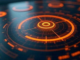 Abstract futuristic interface design features glowing orange concentric circles and technological elements, horizontal composition. The vibrant color palette and intricate details.