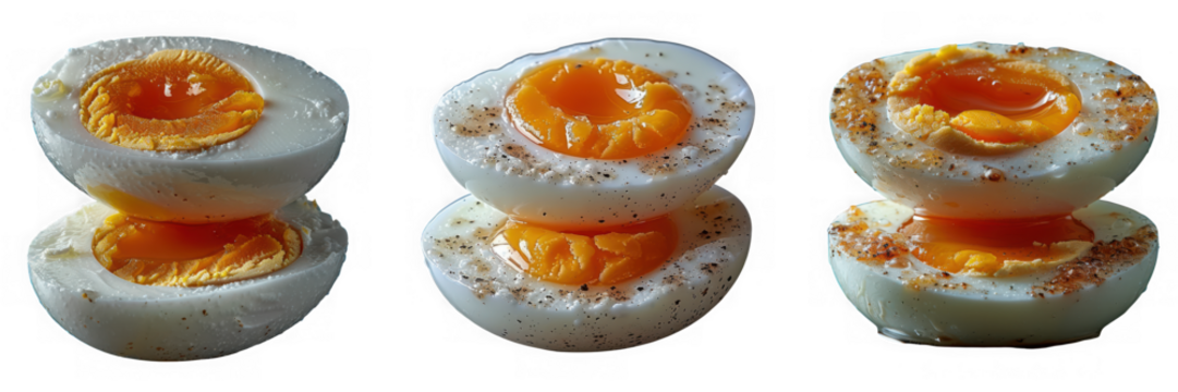 Two halves of a hardboiled egg stacked on top of each other, seasoned with pepper and paprika, isolated on transparent background