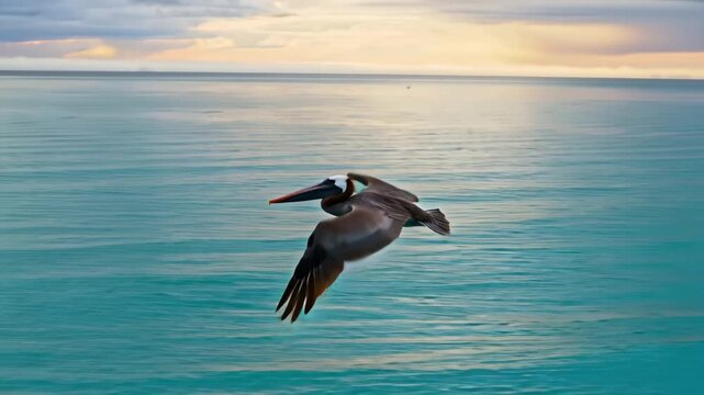 A majestic brown pelican gracefully soars above the calm turquoise waters of the sea at sunset