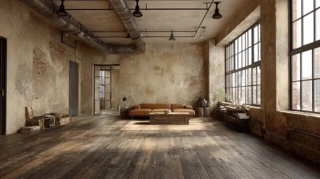 Industrial Chic Interior: An empty interior space boasts a blend of raw textures and modern aesthetics, with exposed pipes, aged walls, large windows, and rustic wooden flooring.