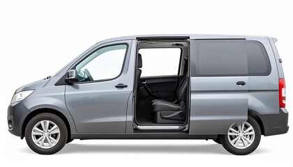 Family minivan in metallic gray with sliding doors and spacious interior isolated on white background safe and comfortable family vehicle
