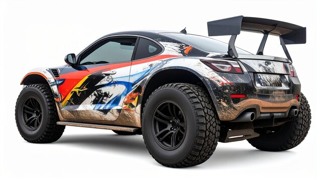 Rally car with sporty decals large spoiler and mud tires isolated on white background high speed motorsport automobile
