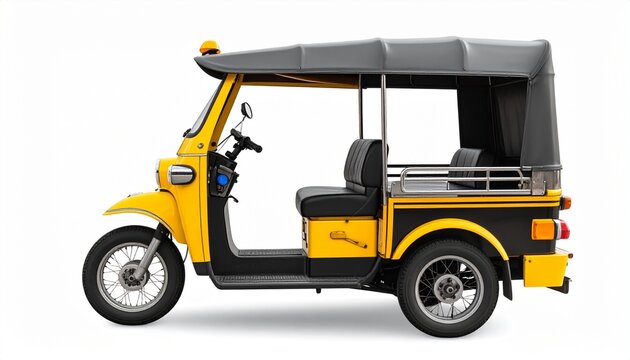 Small three wheeler auto rickshaw in bright yellow and black isolated on white background popular city transport vehicle
