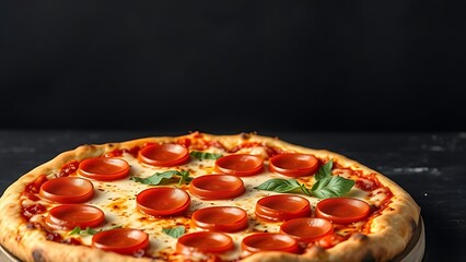 Pepperoni pizza with melted cheese on a dark slate, showcasing delicious comfort food.