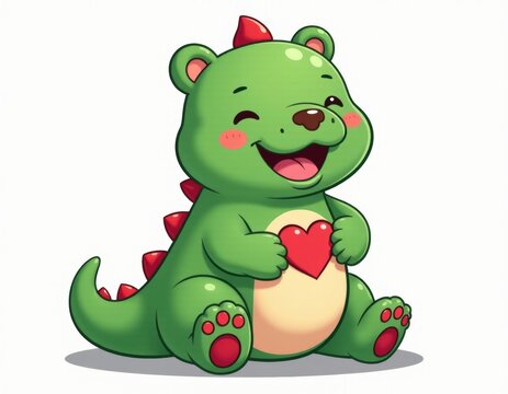 Cute Green Cartoon Dinosaur Holding Red Heart