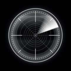 Realistic digital gray HUD radar display in searching, detection system, vector navigation navy or air sonar on black