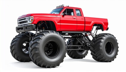 Monster truck in bright red with giant wheels lifted suspension and aggressive body isolated on white background motorsport entertainment vehicle
