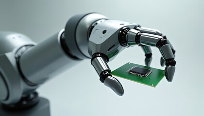 Robotic arm precisely manipulates microchip. Advanced automation in modern factory setting. Futuristic technology for electronic production and assembly. Precision engineering.