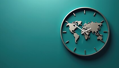 Modern teal wall clock displays world map design. Features global timekeeping, travel, interior design concepts. Simple, trendy, unique style for home or office decor.