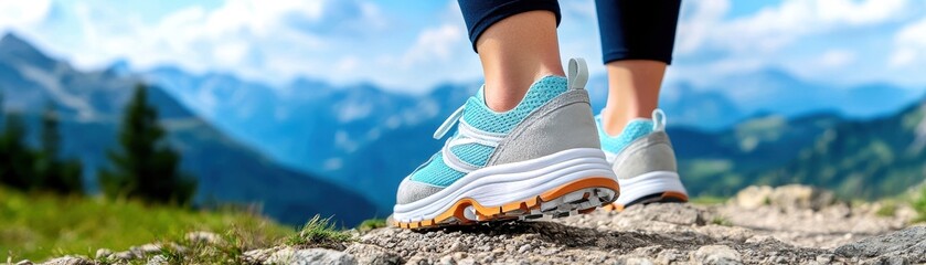 Close-up of a person's feet in sporty shoes on a mountain trail.