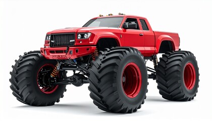 Monster truck in bright red with giant wheels lifted suspension and aggressive body isolated on white background motorsport entertainment vehicle
