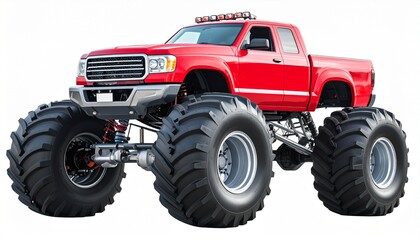 Monster truck in bright red with giant wheels lifted suspension and aggressive body isolated on white background motorsport entertainment vehicle
