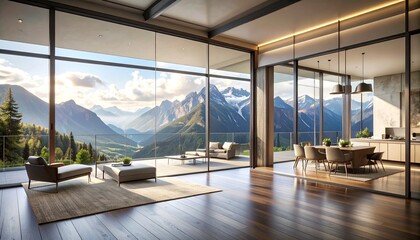 modern living room with mountain view from window