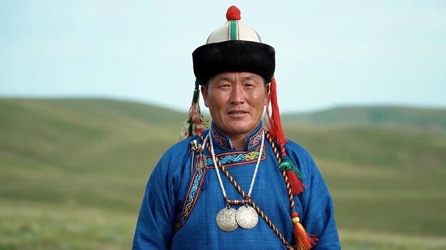 Traditional Mongolian Man in Blue Deel with Ornamental Hat