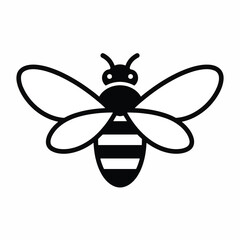 Simple Black and White Bee Icon with Extended Wings and Antennae