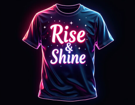 Motivational 'Rise & Shine' Neon T-Shirt Design on Black - Powered by Adobe
