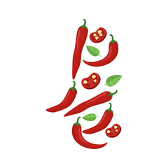 Vibrant red chili peppers and sliced chili with green leaves arranged dynamically, suggesting culinary ingredients and fresh flavors.