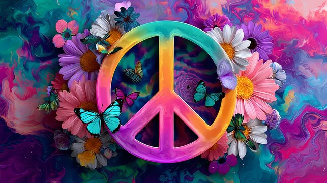 Buntes Peace Zeichen mit Blumen und Schmetterlingen im Hippie Stil
