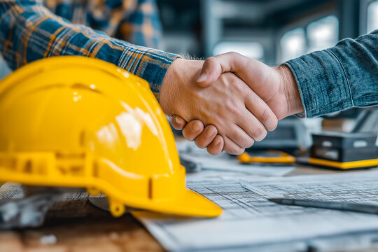 Two hands shaking over architectural blueprints on a table, symbolizing partnership and collaboration in construction and design projects, showcasing teamwork and agreement