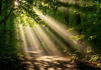 Obraz premium Sunlight streams through lush forest canopy illuminating forest floor path