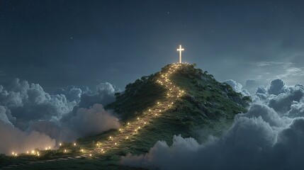 Glowing cross on mountain top with illuminated stairway path surrounded by clouds at night