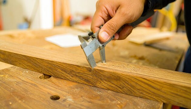 Closeup of a Hand Measuring Wood Thickness with a Caliper