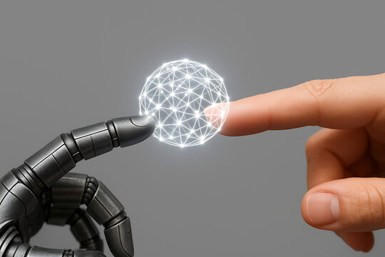 Human and robot hands touch a glowing sphere representing connection, communication, and artificial intelligence in modern technological innovation and partnership
