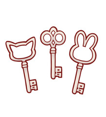 Hand-Drawn Illustration of Three Keys – Cat Key, Rabbit Key, and Classic Key in Light Gold, Whimsical Fairy Tale Style