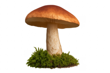 Large mushroom growing on moss with transparent background