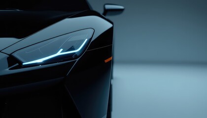 Sleek black car with bright blue headlight on a smooth light blue background to demonstrate modern automotive design